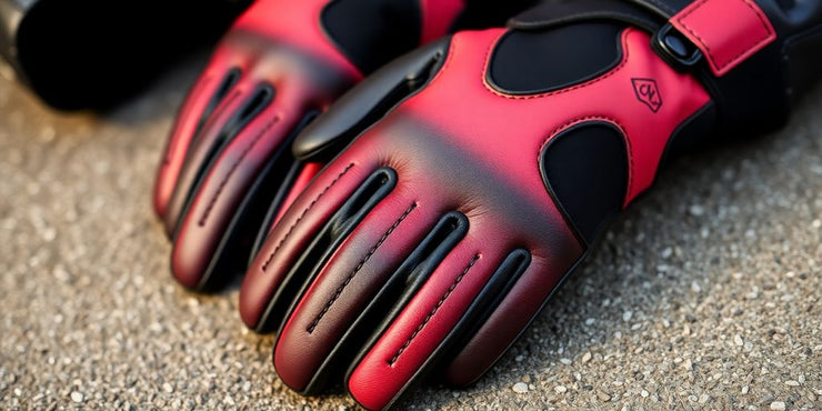 Close-up of stylish heated motorcycle gloves for women.