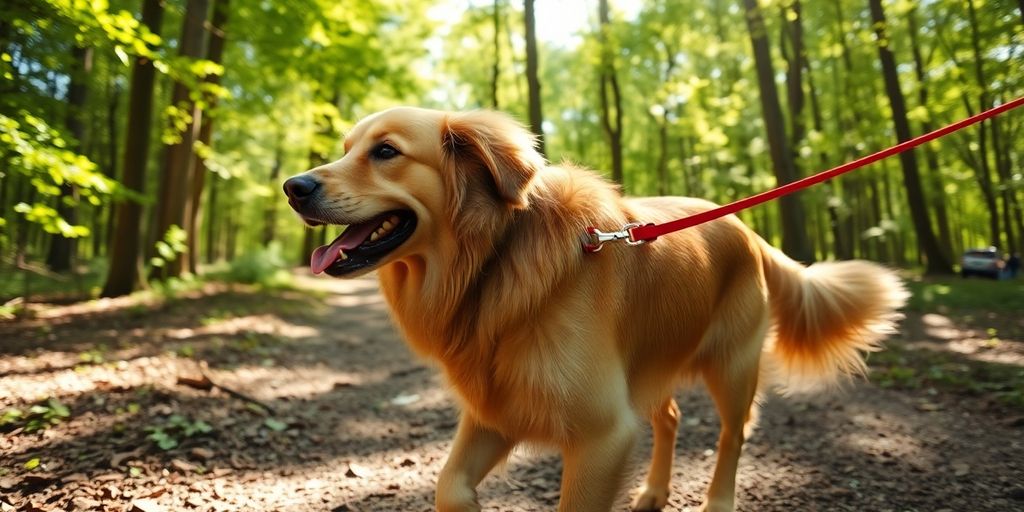 Happy dog on leash, exploring outdoors.