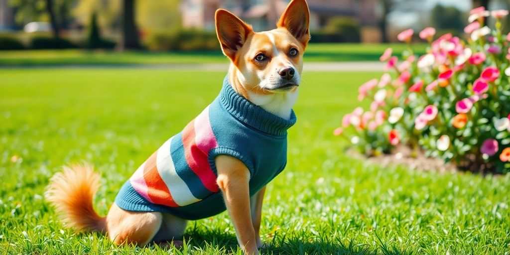 Dog wearing a stylish sweater in a sunny park.