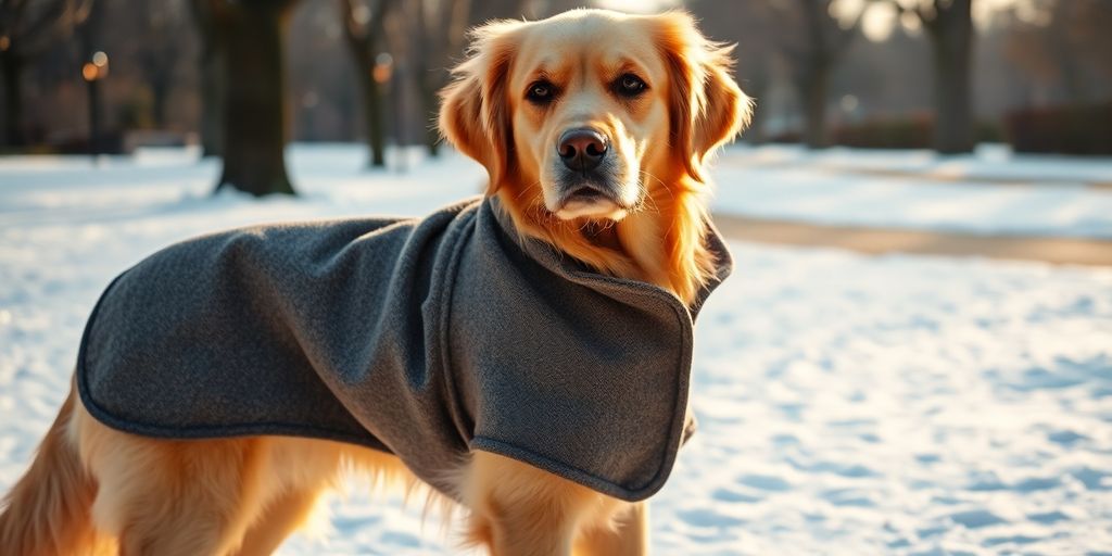 Large dog wearing a stylish, fitted coat outdoors.
