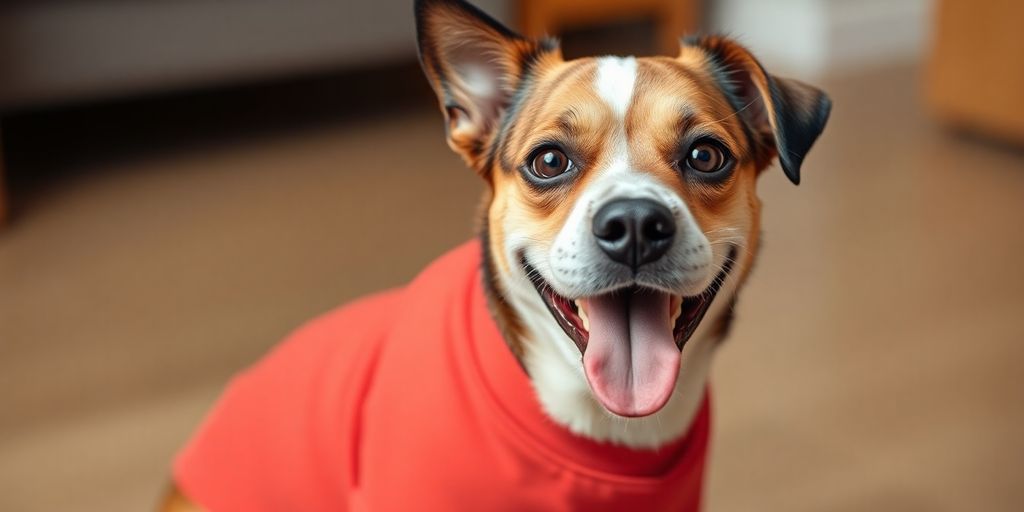 Cute dog wearing a stylish graphic t-shirt.