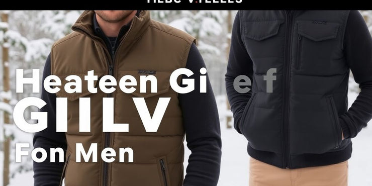 Men's heated gilet in winter landscape outdoors.