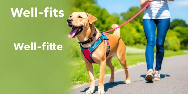 Colorful dog harness on a happy dog in a park.