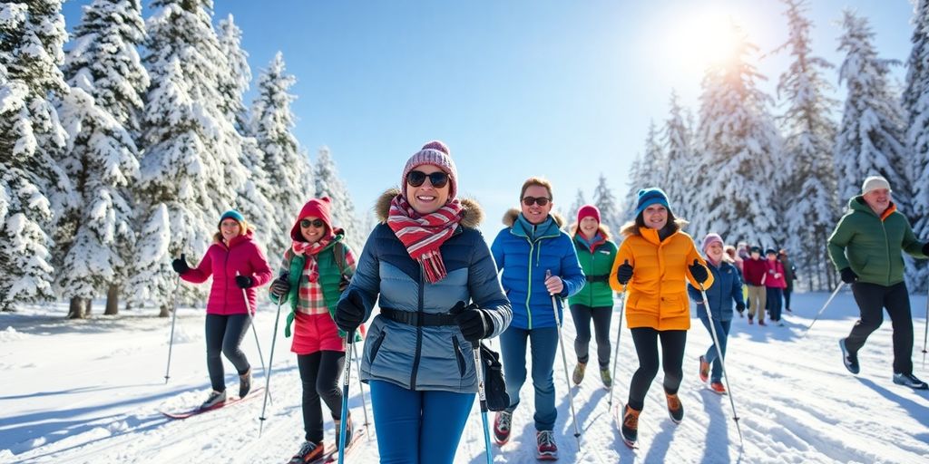 Group of people exercising in a snowy winter landscape.