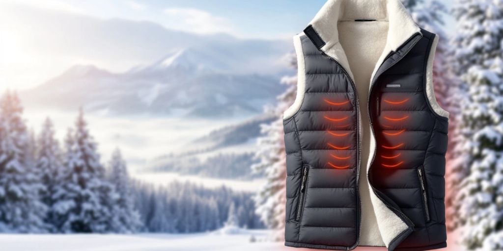 Men's heated vest in a snowy winter setting.