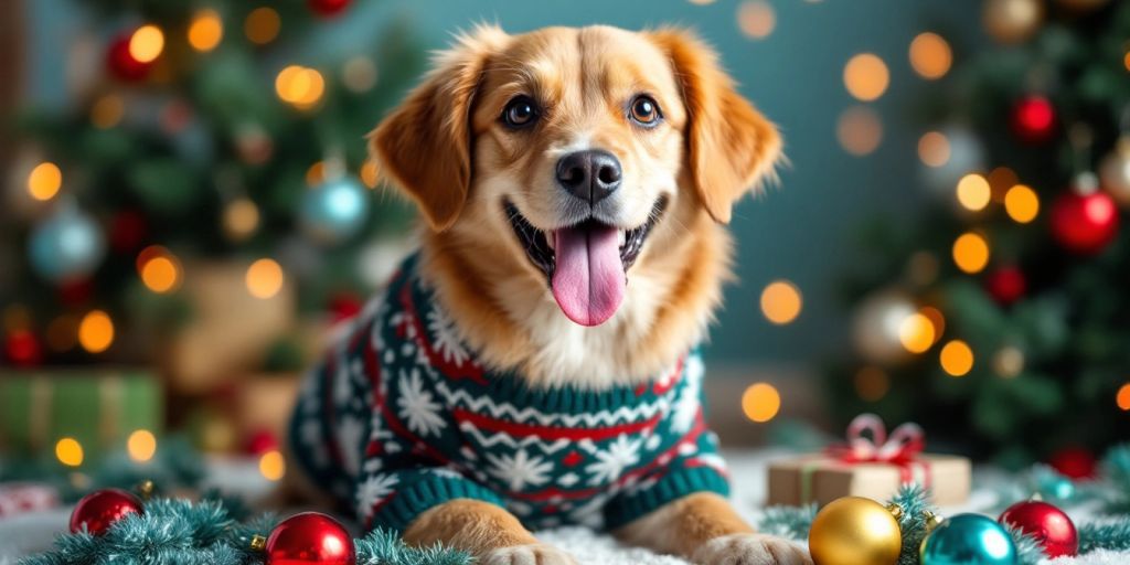 A dog in a Christmas sweater among ornaments.