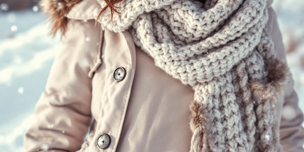 Warm winter gear against a snowy background.