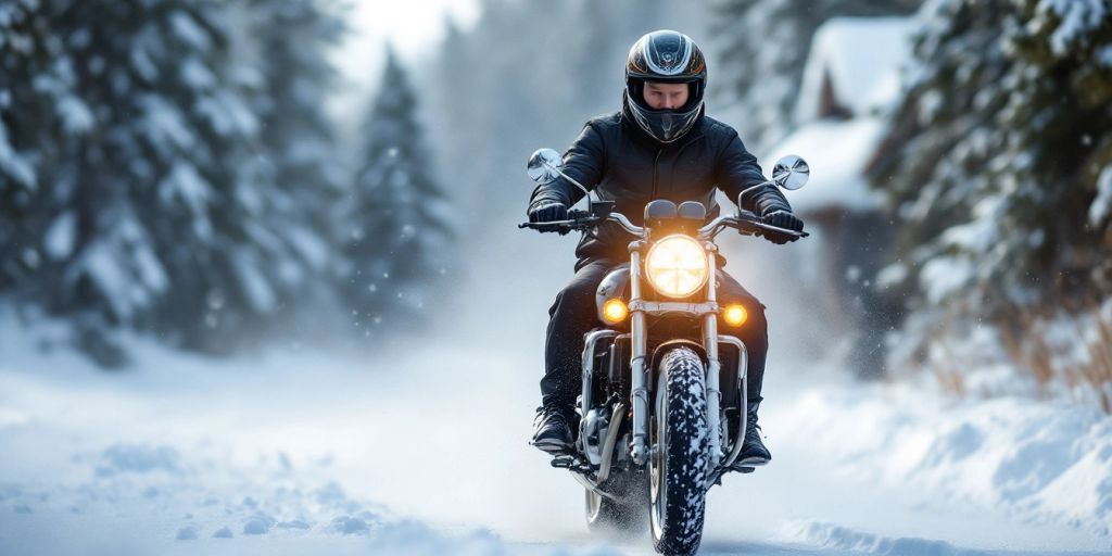 Motorcyclist in heated clothing riding in snowy weather.