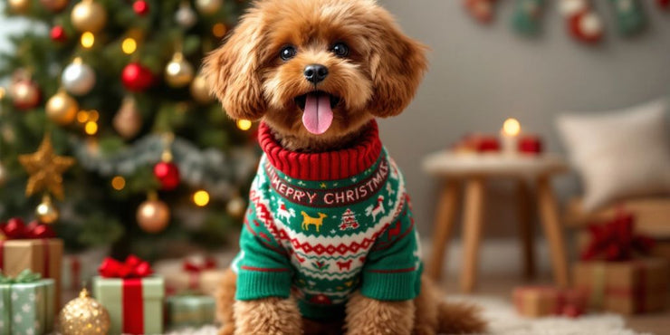 Dog in a festive Christmas sweater by a tree.