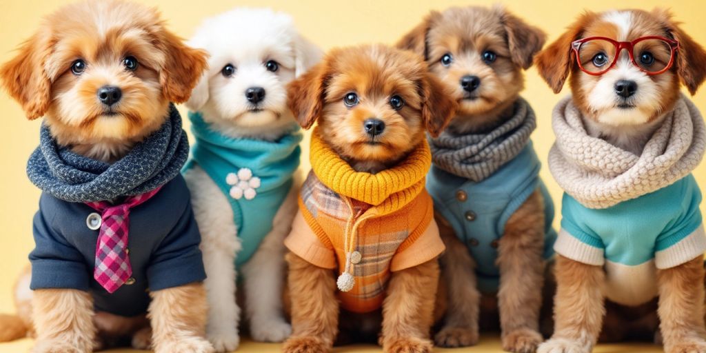 Cute puppies in colorful, stylish clothes, posing playfully.