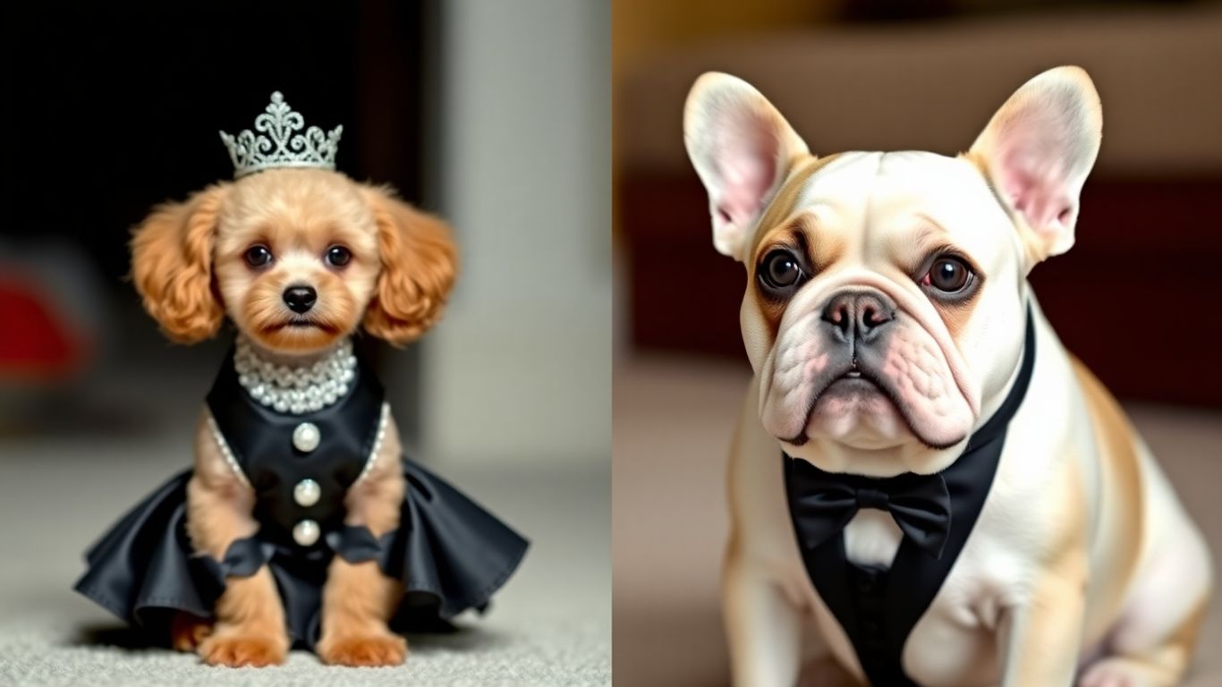 Dogs in fashionable outfits, a poodle and a bulldog.