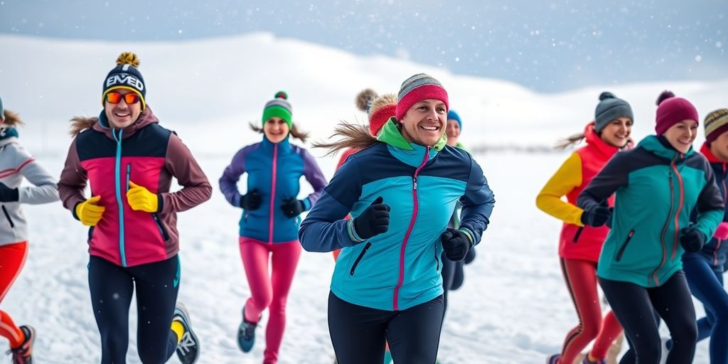 People dressed in winter exercise clothes jogging in snow.