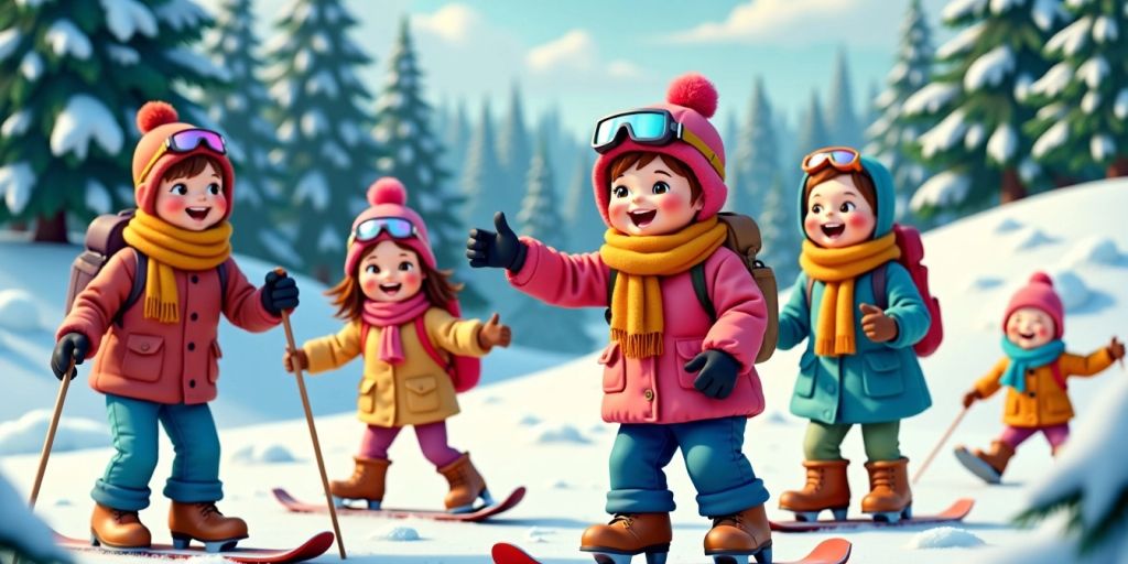 People enjoying winter sports in a snowy landscape.