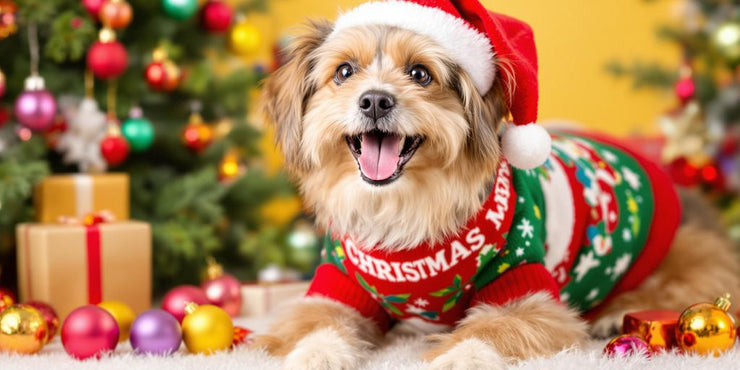 Dog in Christmas sweater with holiday decorations.