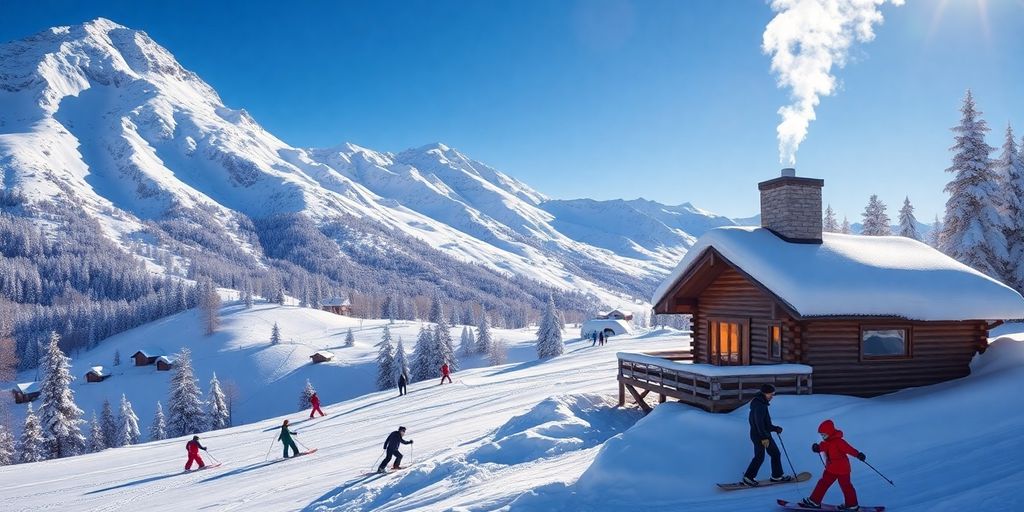 Winter activities with snow-covered mountains and cozy cabin.