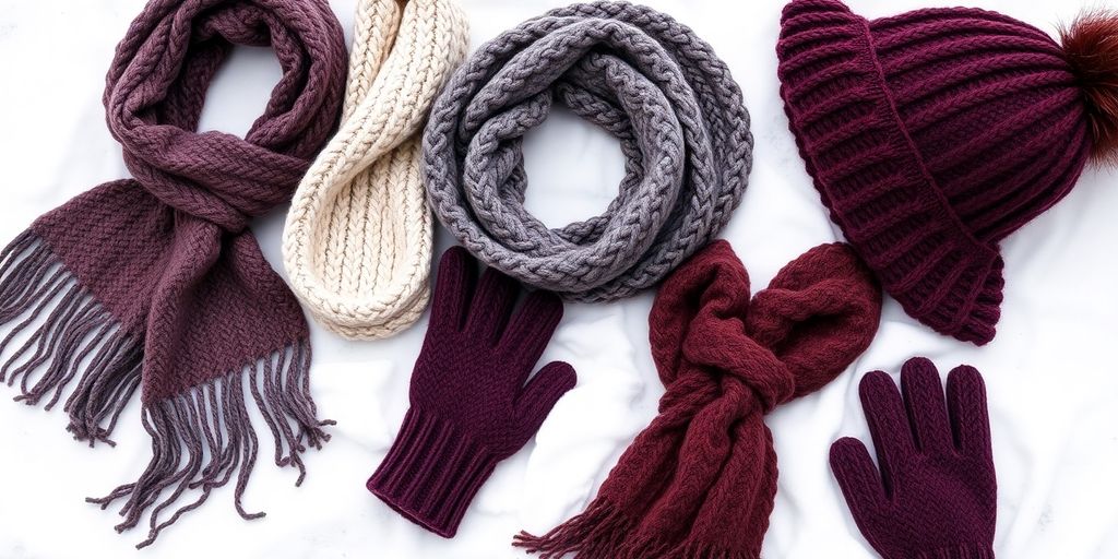 Colorful winter accessories on a snowy background.