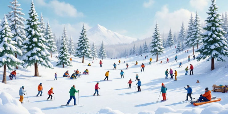People enjoying winter sports in a snowy landscape.