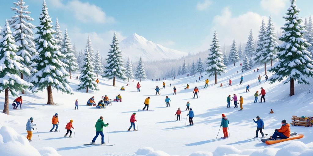 People enjoying winter sports in a snowy landscape.
