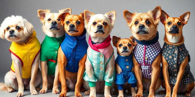 Stylish custom dog outfits on adorable pet models.