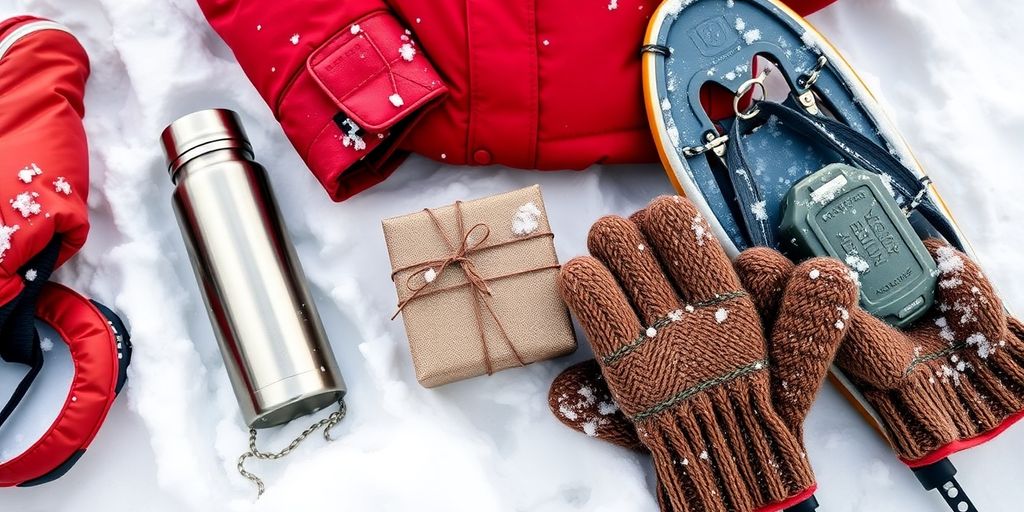 Winter gear assortment: warm clothing, thermos, snowshoes.