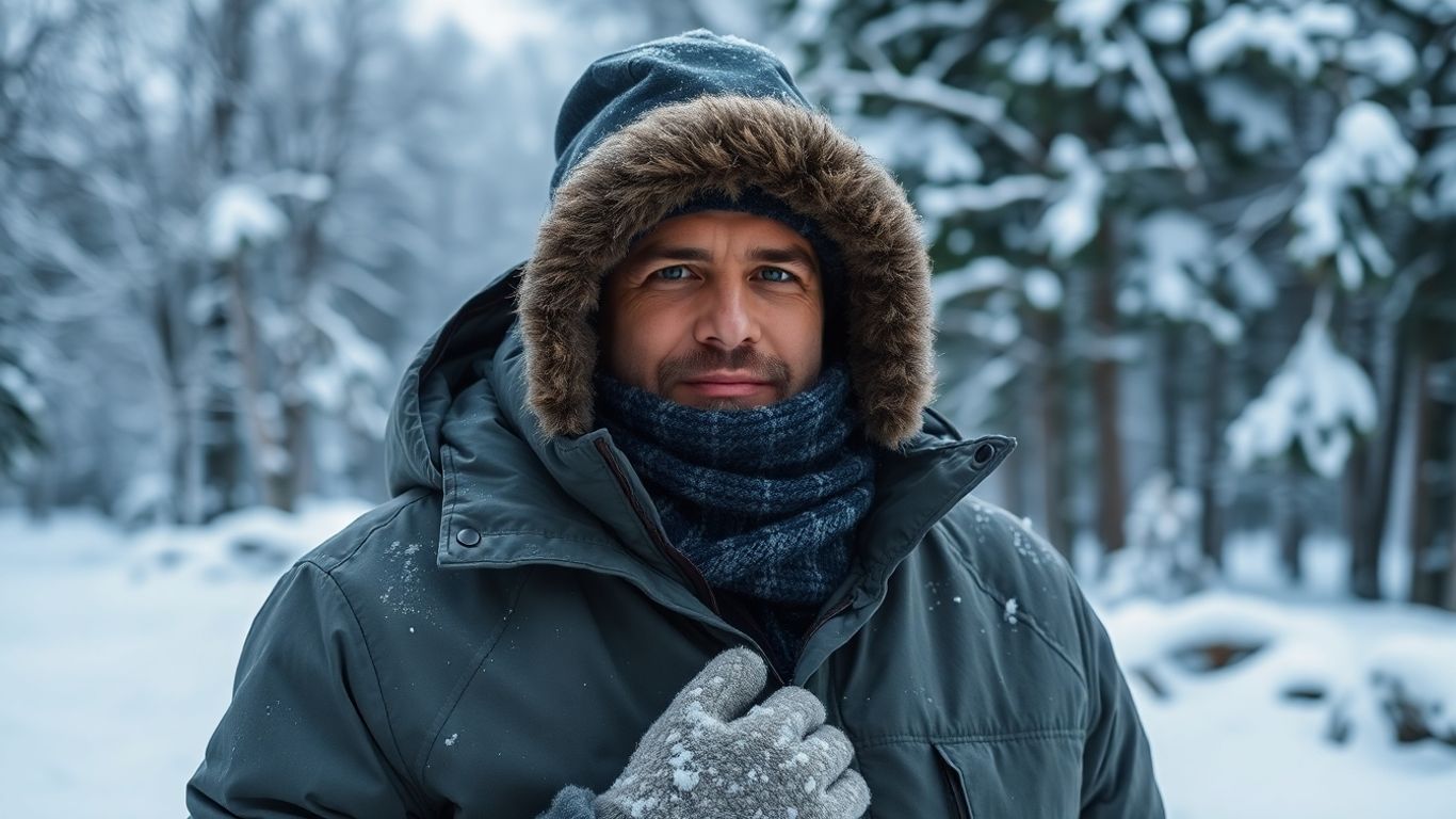 Person dressed warmly in snowy outdoor winter scene.