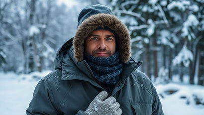 Person dressed warmly in snowy outdoor winter scene.