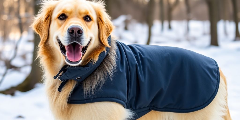 Large dog wearing a fitted winter coat outdoors.