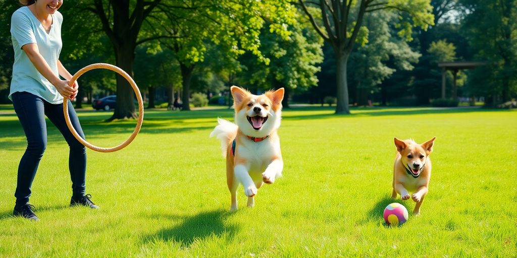 Dog jumping through hoop, another dog playing with ball