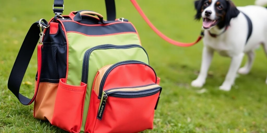 Colorful dog walking bag on grass with dog.
