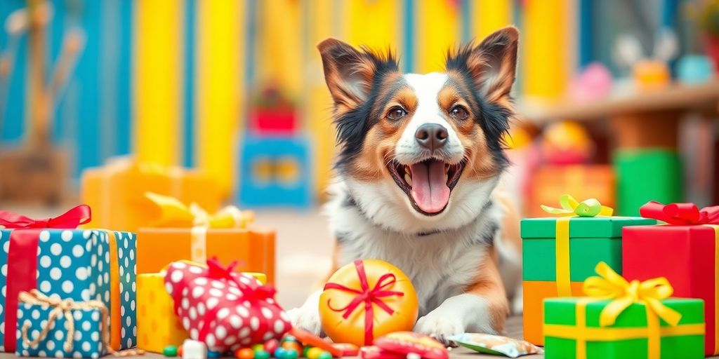 Happy dog with unique gifts in a colorful outdoor scene.