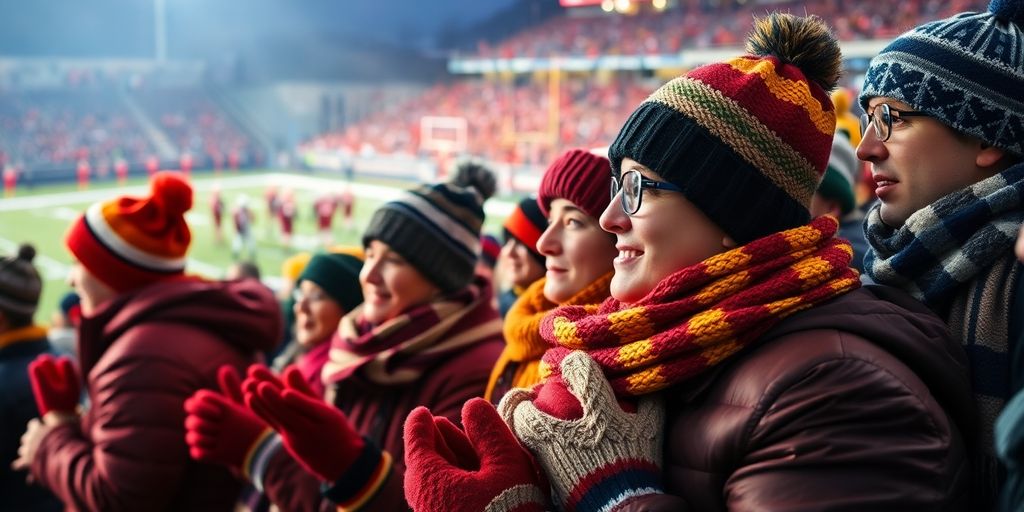 Football fans in warm gear at a cold game.