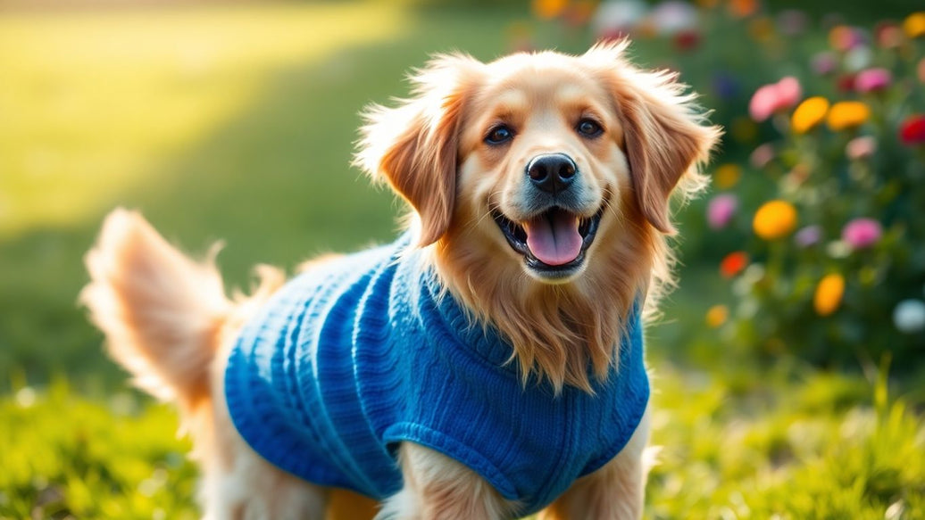 Golden retriever wearing a blue sweater outdoors.