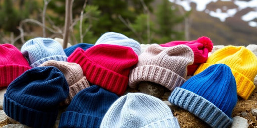 Colorful outdoor beanies in a natural setting.
