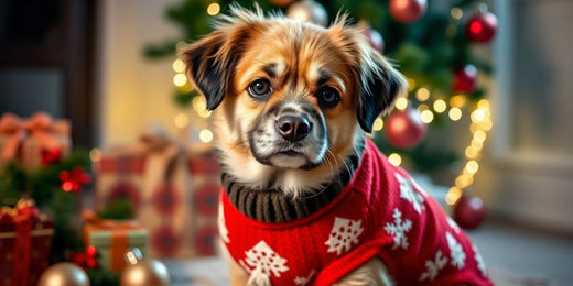 Dog in a Christmas sweater with festive decorations.