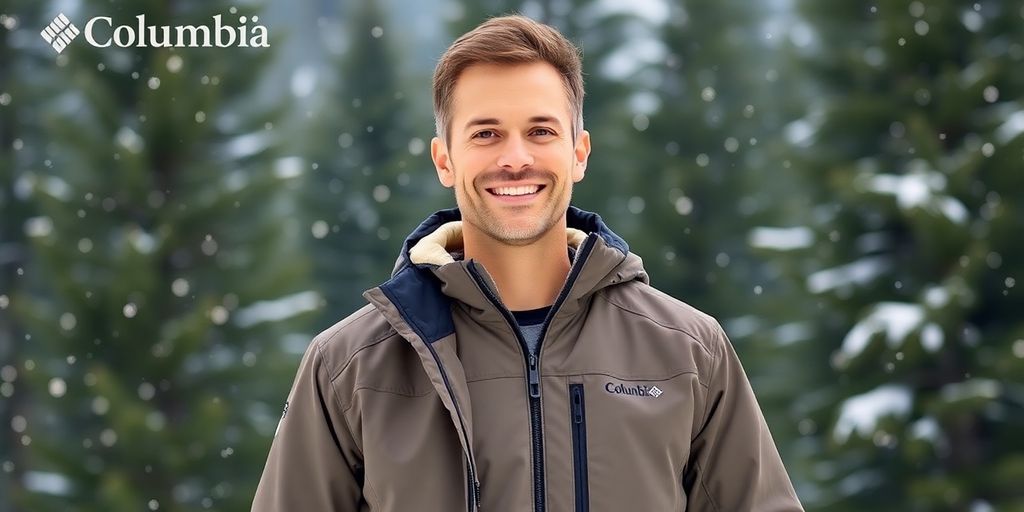 Man in Columbia jacket in snowy outdoor setting.