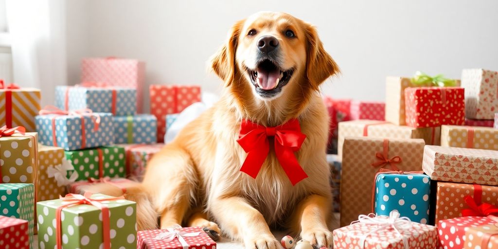 Happy dog with gifts.