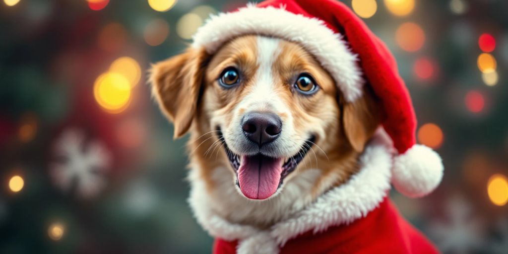 Dog in a Santa outfit with holiday decorations.