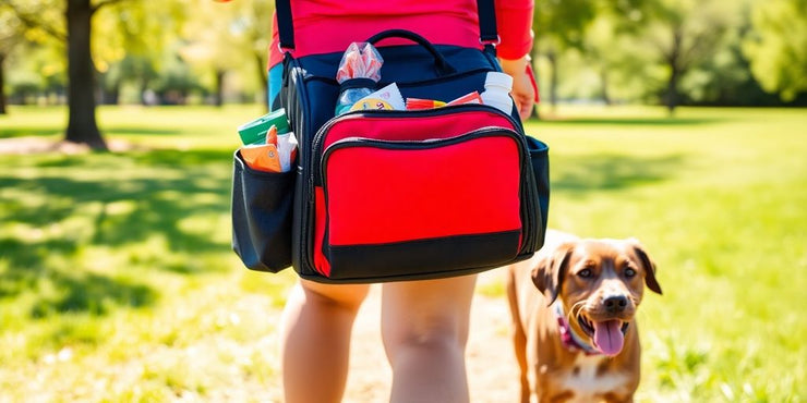 Person walking a dog with a stylish dog walking bag.