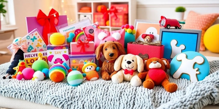 Colorful gifts for dog lovers on a cozy blanket.