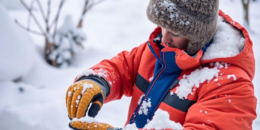 Worker in winter gear enjoying outdoor productivity.