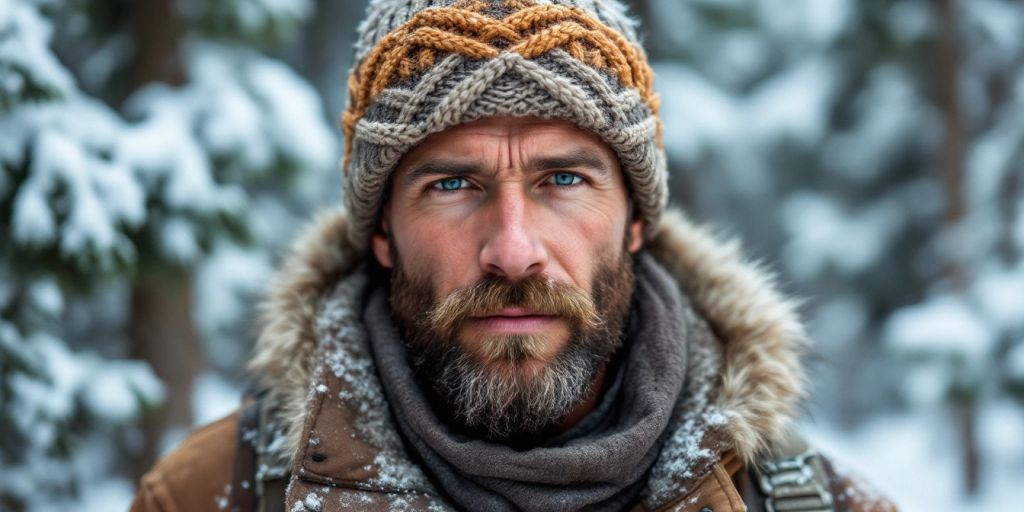 Man in winter hat working outdoors in snowy landscape.
