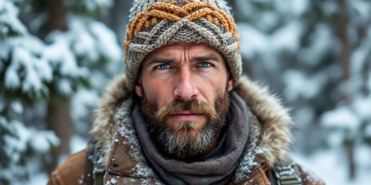 Man in winter hat working outdoors in snowy landscape.