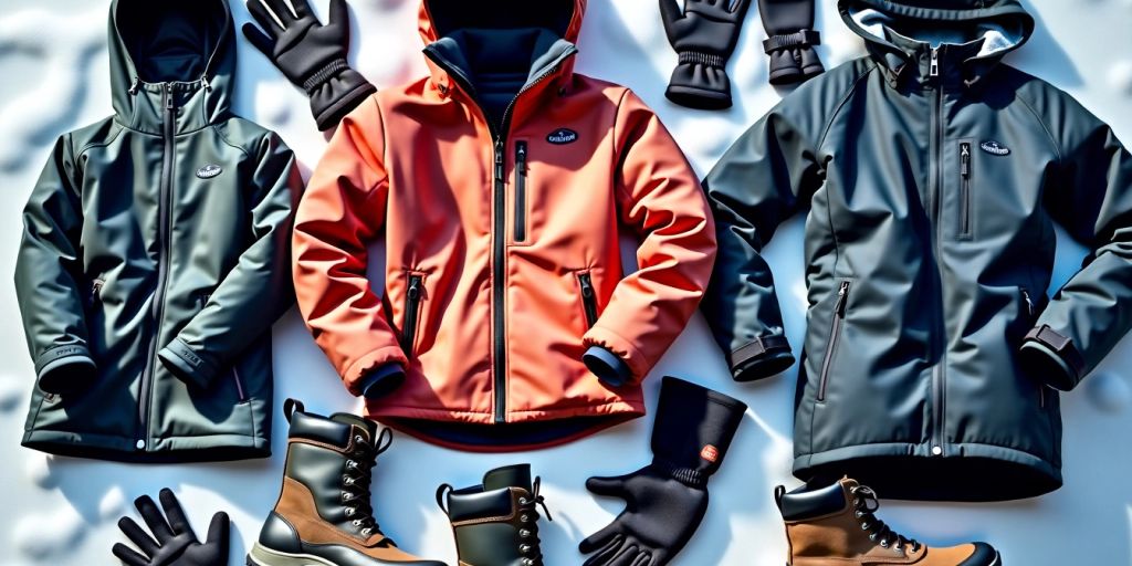 Cold weather gear on snow: jackets, gloves, and boots.