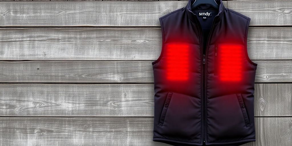 Men's heated vest on a wooden background.