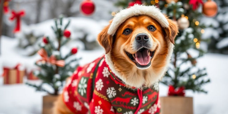 Dog in a Christmas hoodie with festive patterns.