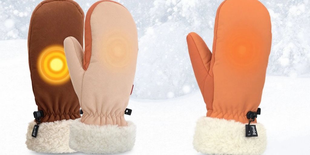 Stylish heated mittens for women in a snowy setting.