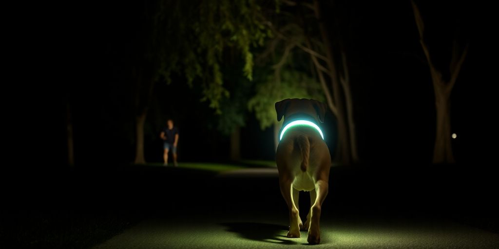 Dog with a glowing collar walks in a dark park.