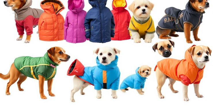 Variety of dog jackets for all seasons displayed together.