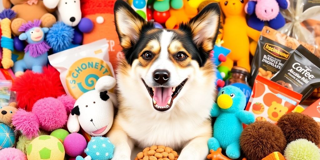 Happy dog with unique toys and treats for gifts.