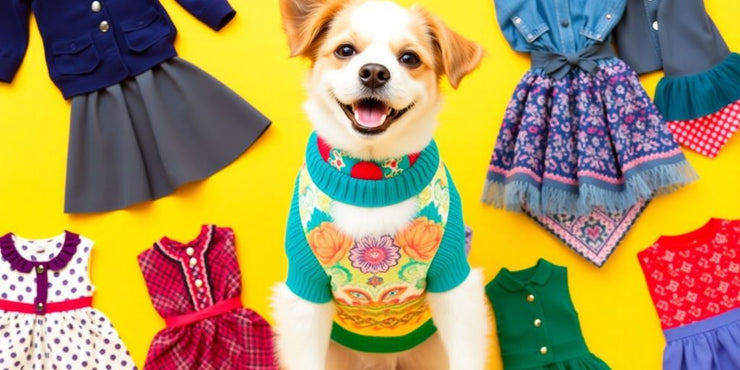 A happy dog dressed in colorful, affordable clothes.